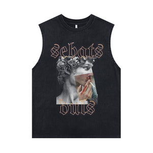 Pop art sleeveless t-shirt retro sculpture print surfer vest grunge tank top in acid wash black