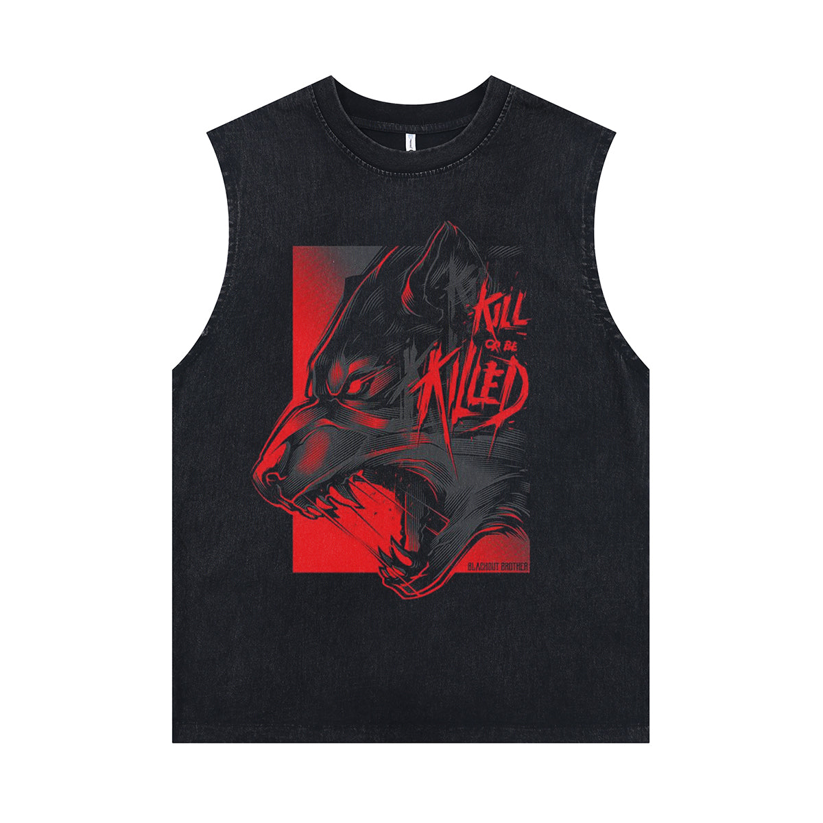 Creepy wolf sleeveless t-shirt gothic cartoon vest 00s monster poster tank top in acid wash black
