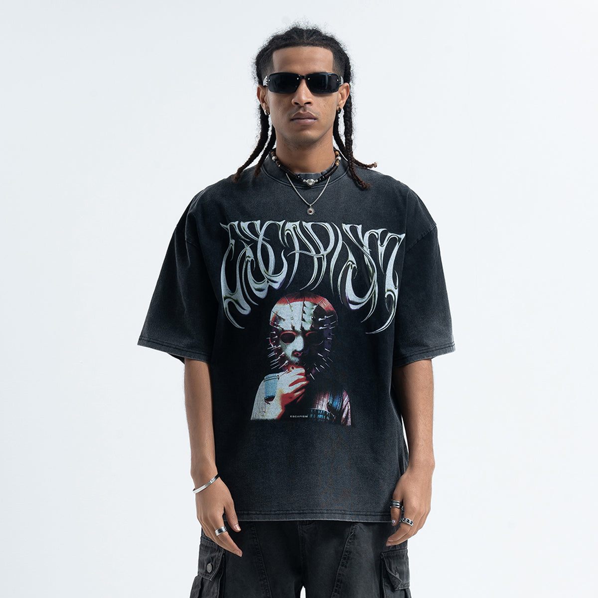 Creepy mask t-shirt scary movie top horror tee retro jumper in grey