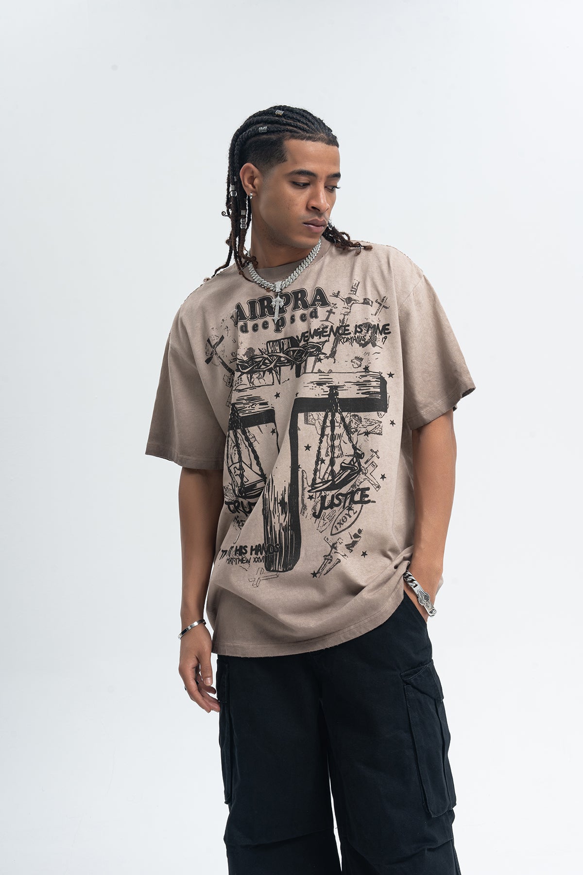 Cross print t-shirt religion top grunge saint tee in grey