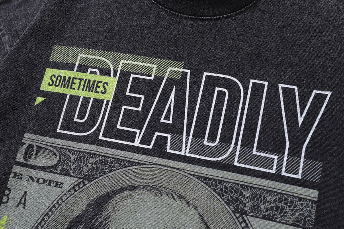 Psychedelic punk t-shirt money slogan tee creepy skull top in vintage grey