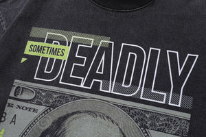 Psychedelic punk t-shirt money slogan tee creepy skull top in vintage grey