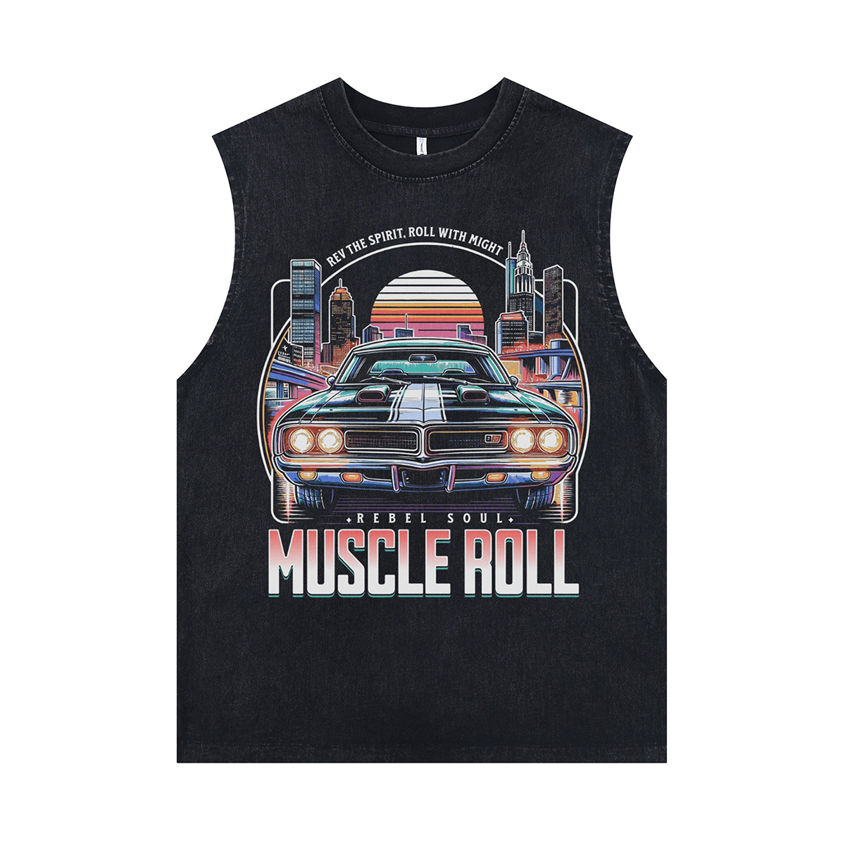 70s car sleeveless t-shirt motorsports surfer vest racing tank top in acid wash black