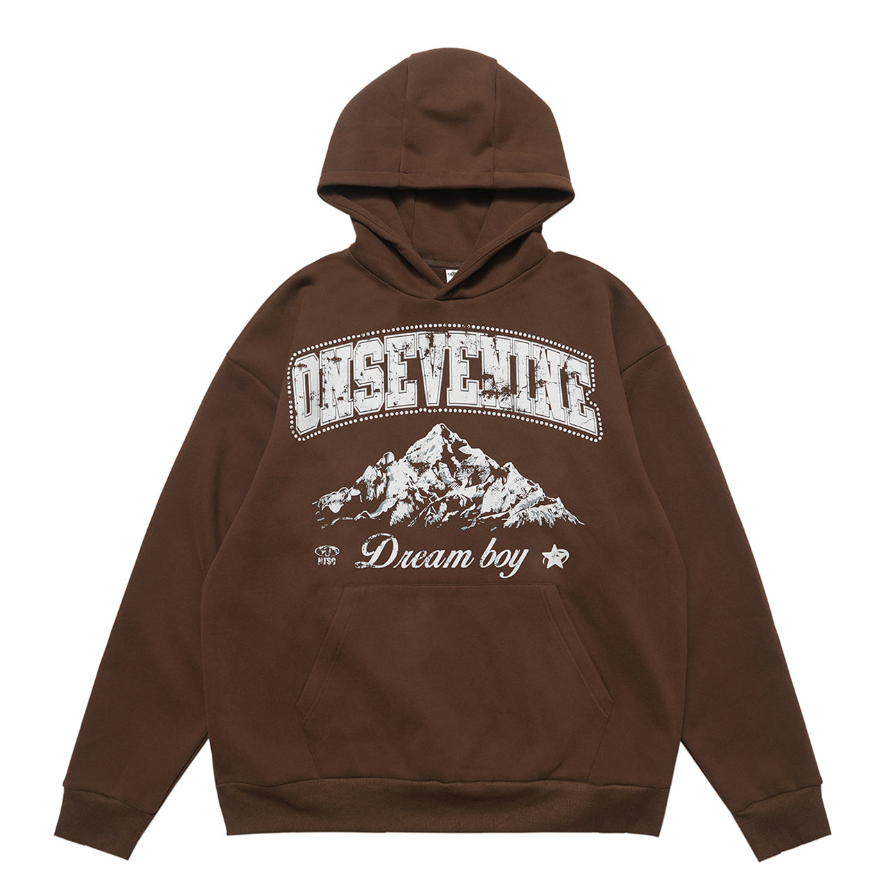 Dream boy slogan hoodie mountain print pullover retro landcape poster jumper in brown