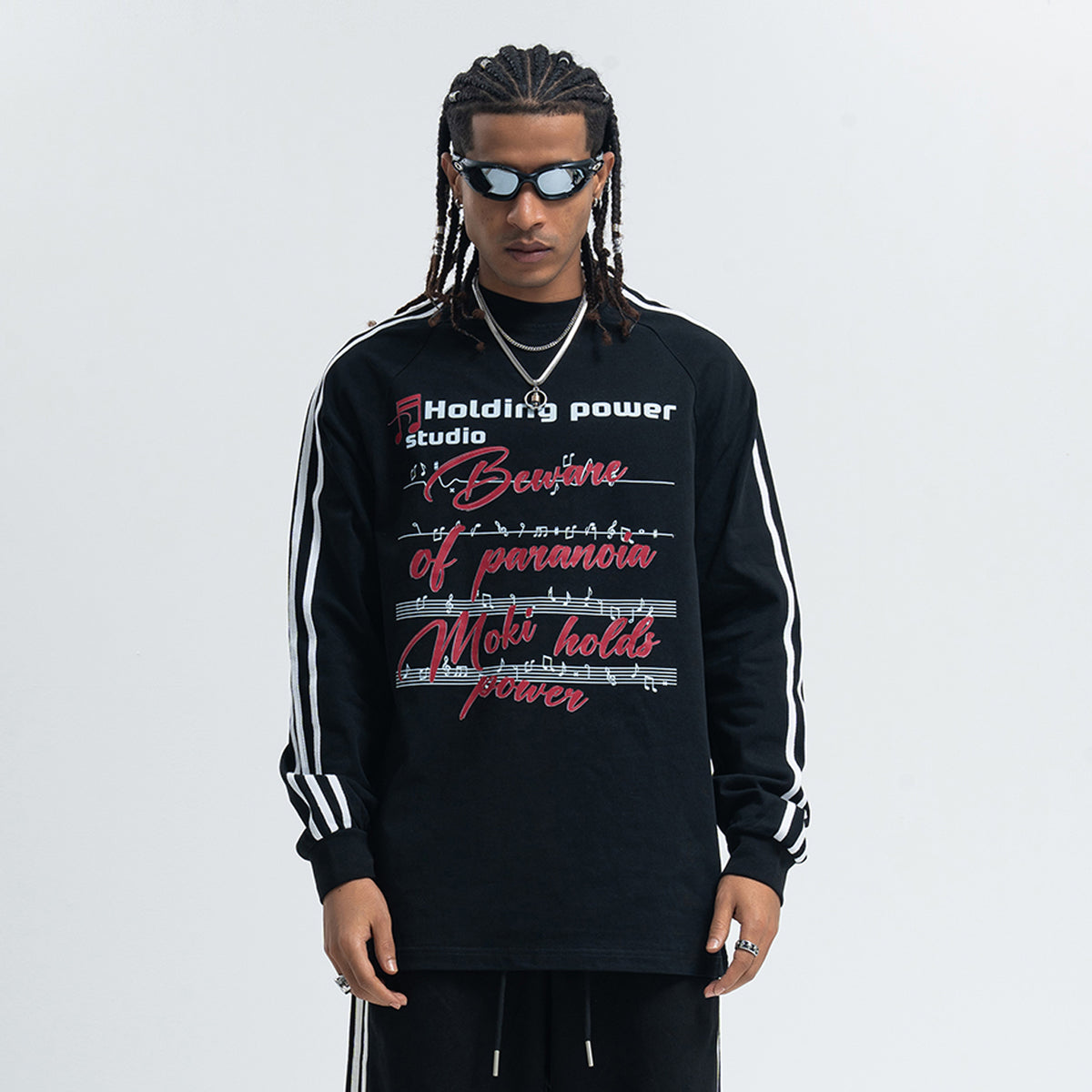 Paranoia slogan jumper long sleeve striped top music notes print retro t-shirt in white