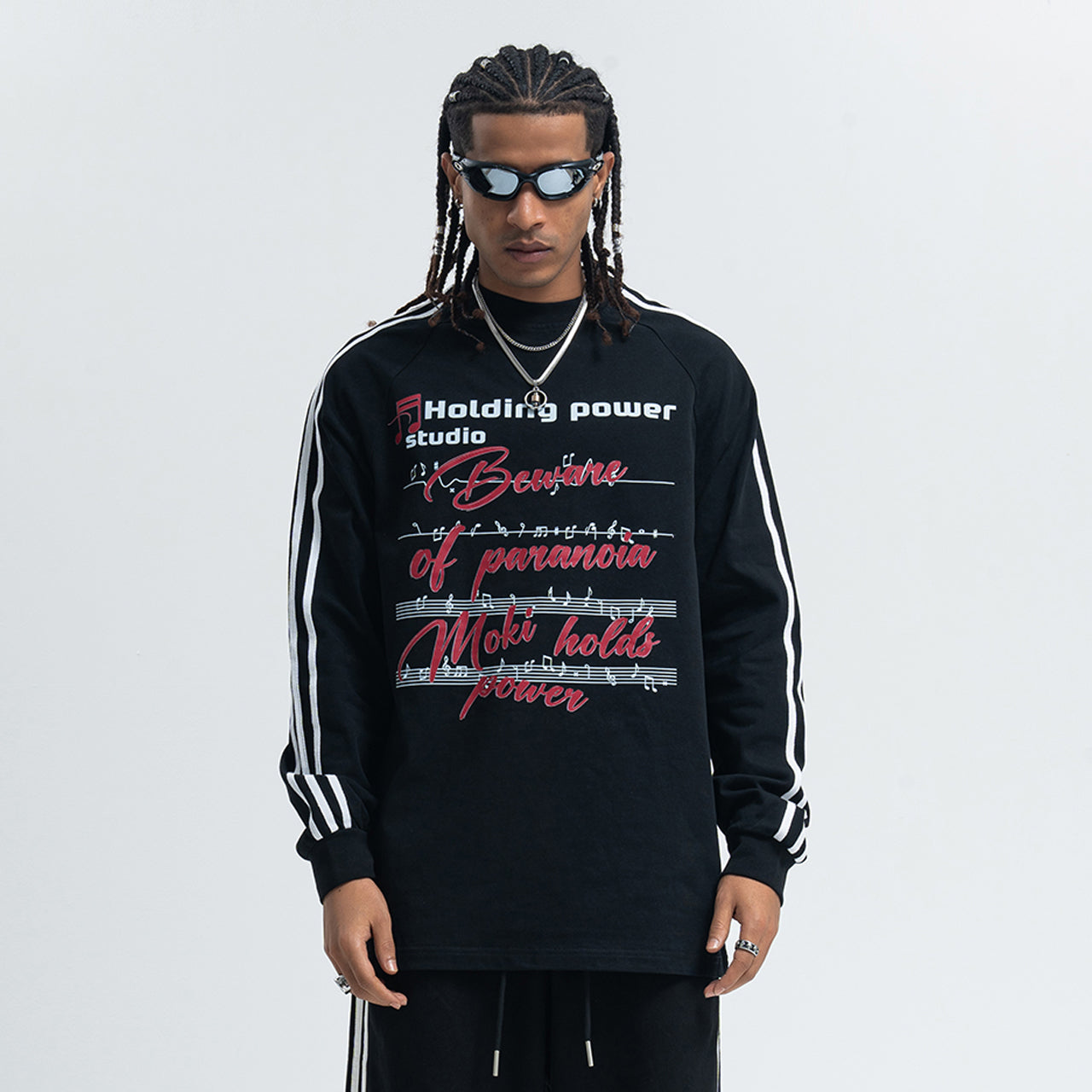 Paranoia slogan jumper long sleeve striped top music notes print retro t-shirt in black
