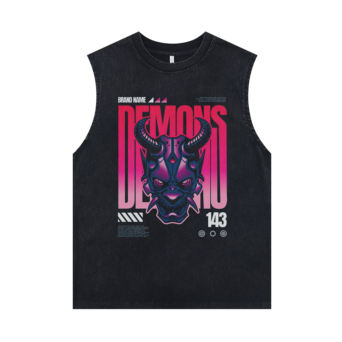 Demon print sleeveless t-shirt gothic surfer vest retro devil cartoon tank top in acid wash black