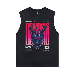 Demon print sleeveless t-shirt gothic surfer vest retro devil cartoon tank top in acid wash black