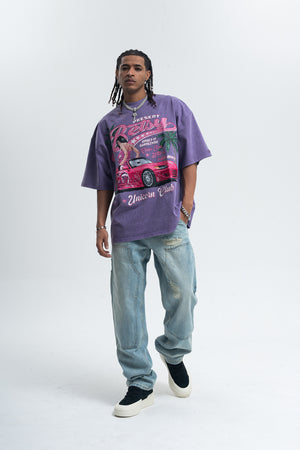 Retro car t-shirt racing top unicorn slogan tee in Purple