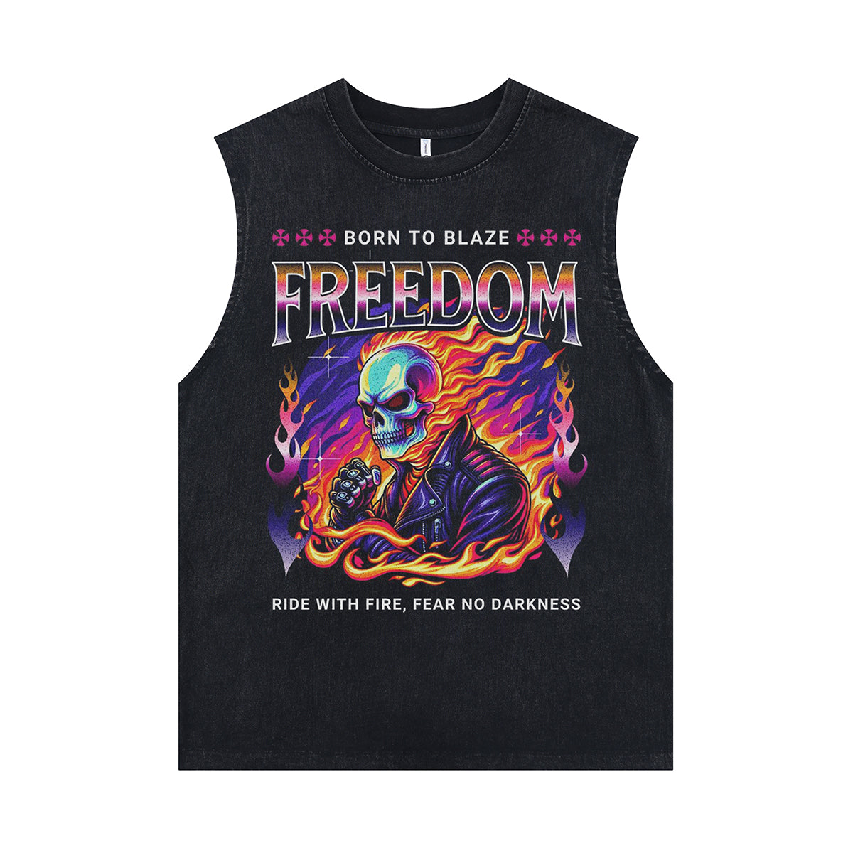 Biker skeleton sleeveless t-shirt motorsports cartoon vest 00s flame print tank top in acid wash black