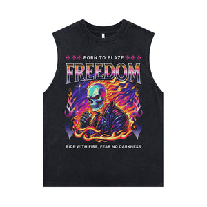 Biker skeleton sleeveless t-shirt motorsports cartoon vest 00s flame print tank top in acid wash black