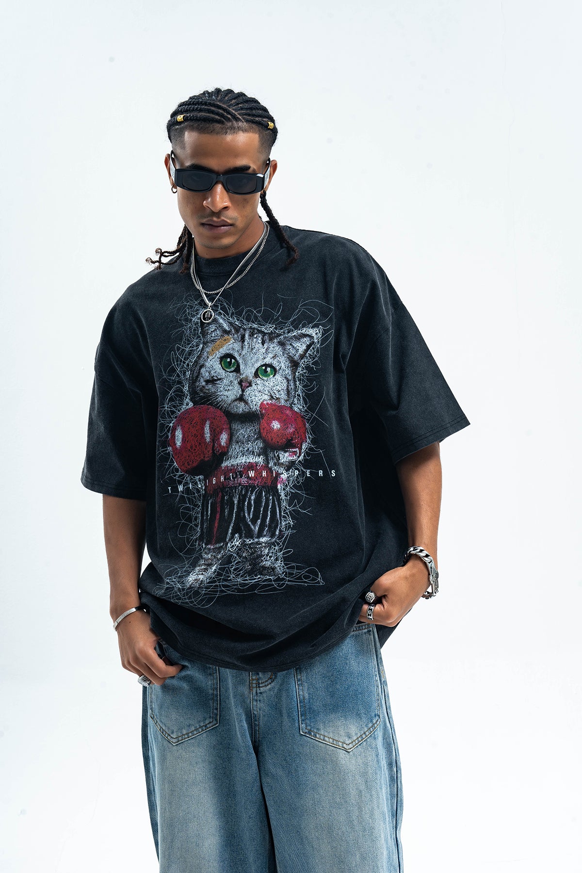 Boxer t-shirt kitten print top cat tee grunge jumper in black