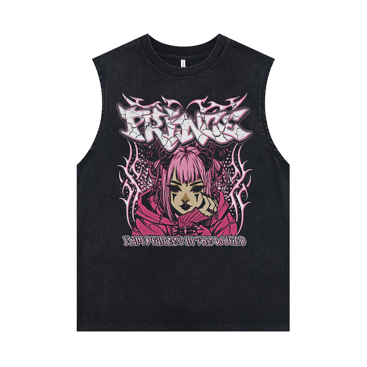 Anime sleeveless t-shirt princess cartoon surfer vest retro grunge Japanese tank top in acid wash black