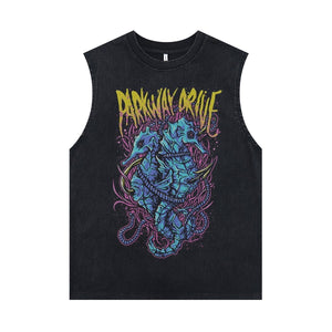 Seahorse print sleeveless t-shirt creepy cartoon surfer vest 90s sea life tank top in acid wash black