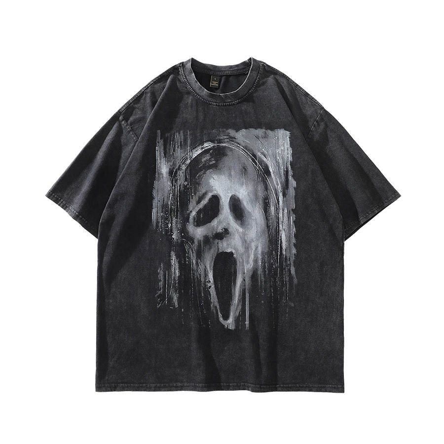 Scream t-shirt scary mask print tee creepy print top in vintage grey