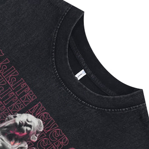 Femme fatale slogan sleeveless t-shirt gothic sculpture cartoon vest scary print tank top in acid wash black