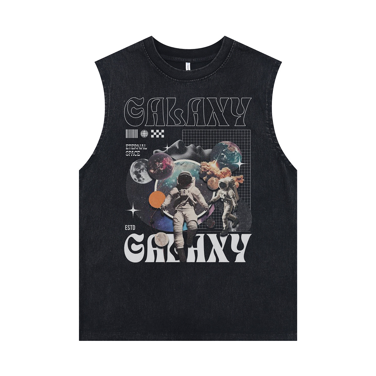 Galaxy slogan sleeveless t-shirt astronaut print surfer vest 00s space cartoon tank top in acid wash black
