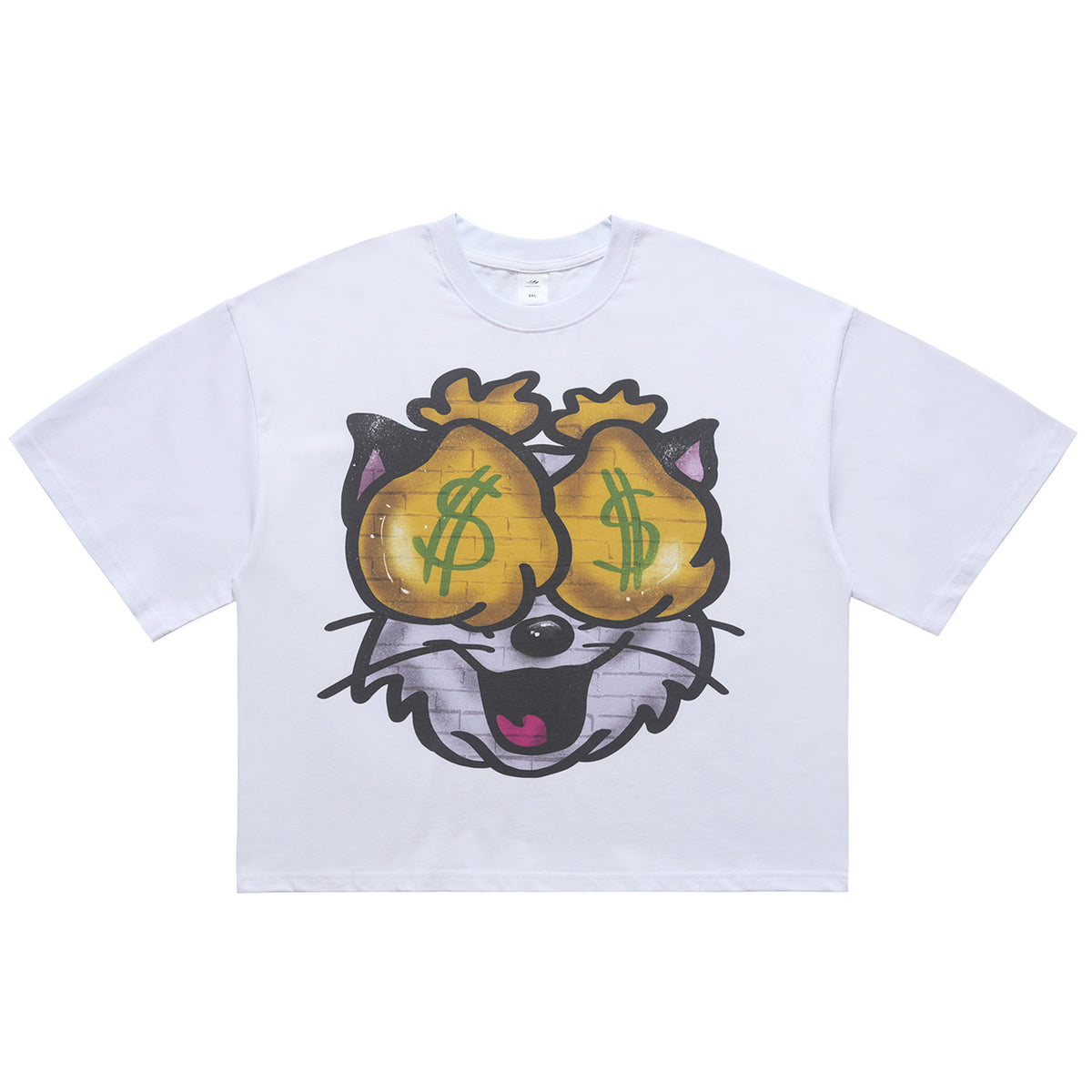 Money t-shirt cat cartoon top retro gangster tee in white
