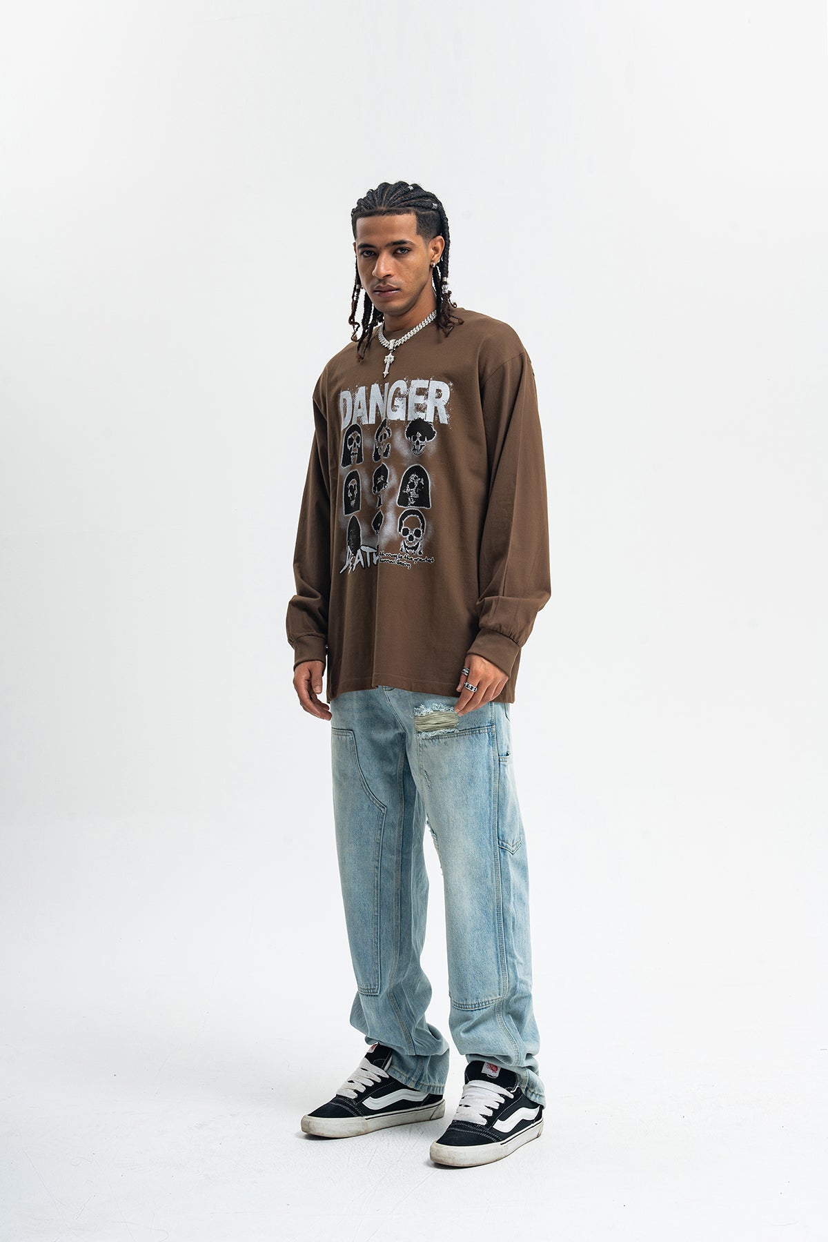 Danger slogan jumper skull print top 90s gothic poster long sleeve t-shirt in green