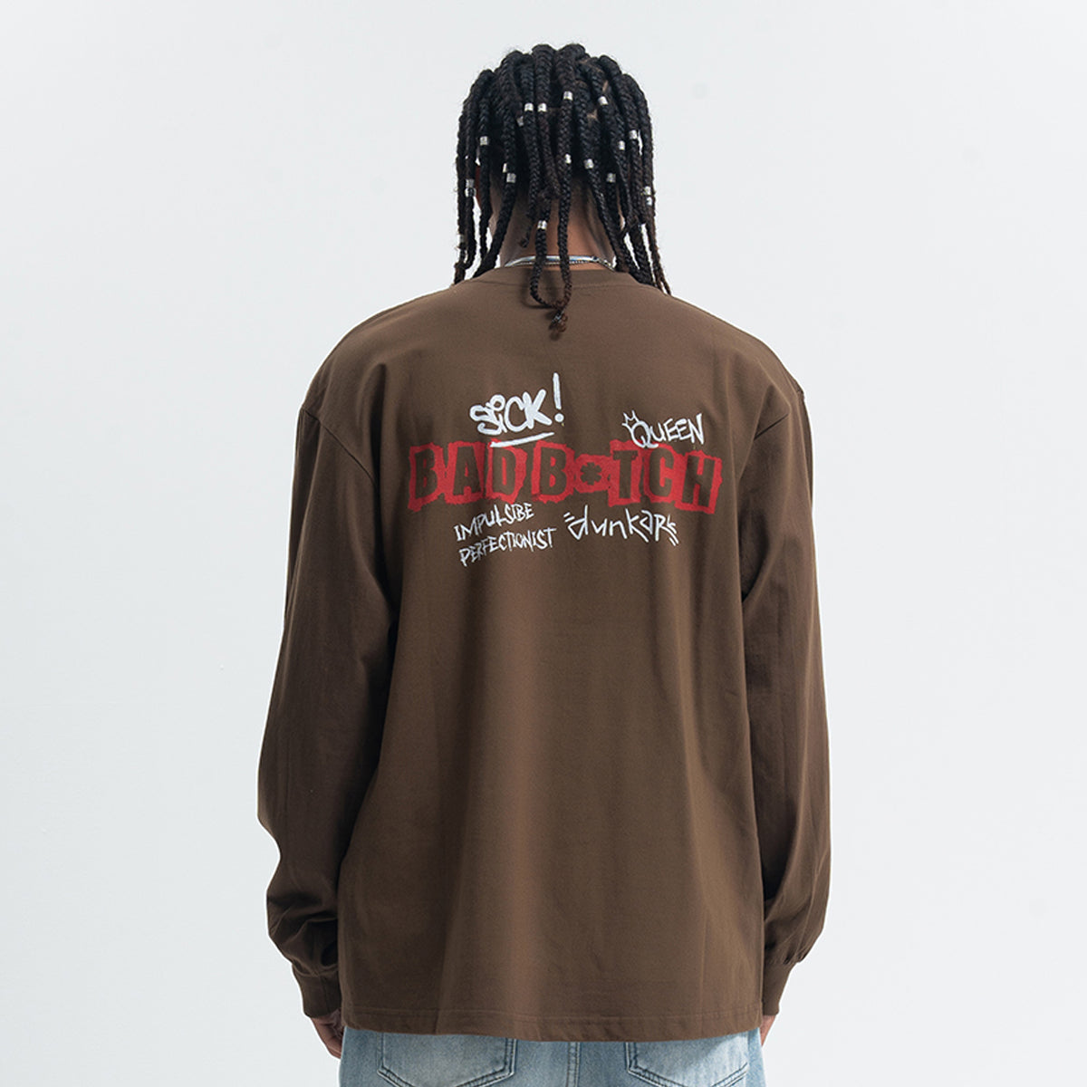 Bad bitch slogan top long sleeve raver tee grunge graffiti t-shirt in black