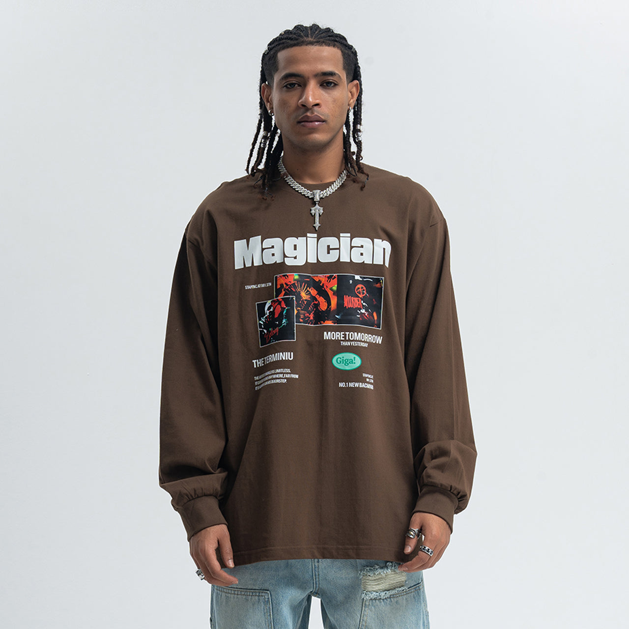 Magician slogan jumper long sleeve singer t-shirt rocker top in brown