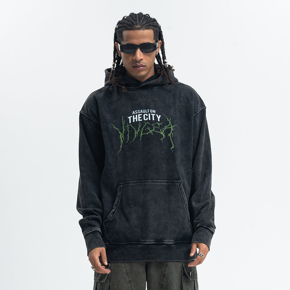 Thunder print hoodie cyberpunk pullover city slogan jumper in acid vintage grey