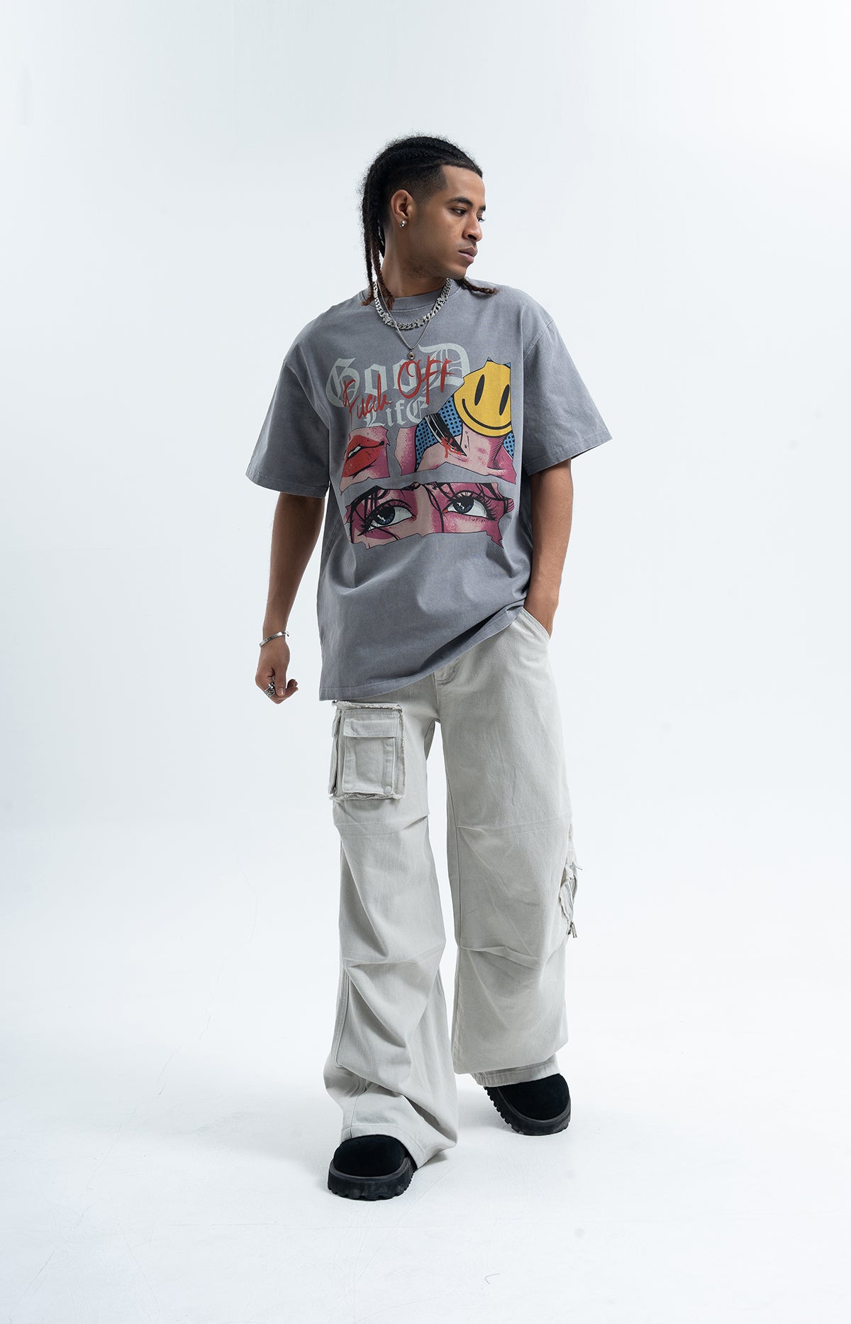 Anime t-shirt retro cartoon top 90s tee good life slogan jumper in grey