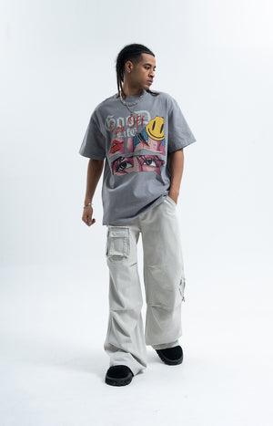 Anime t-shirt retro cartoon top 90s tee good life slogan jumper in grey