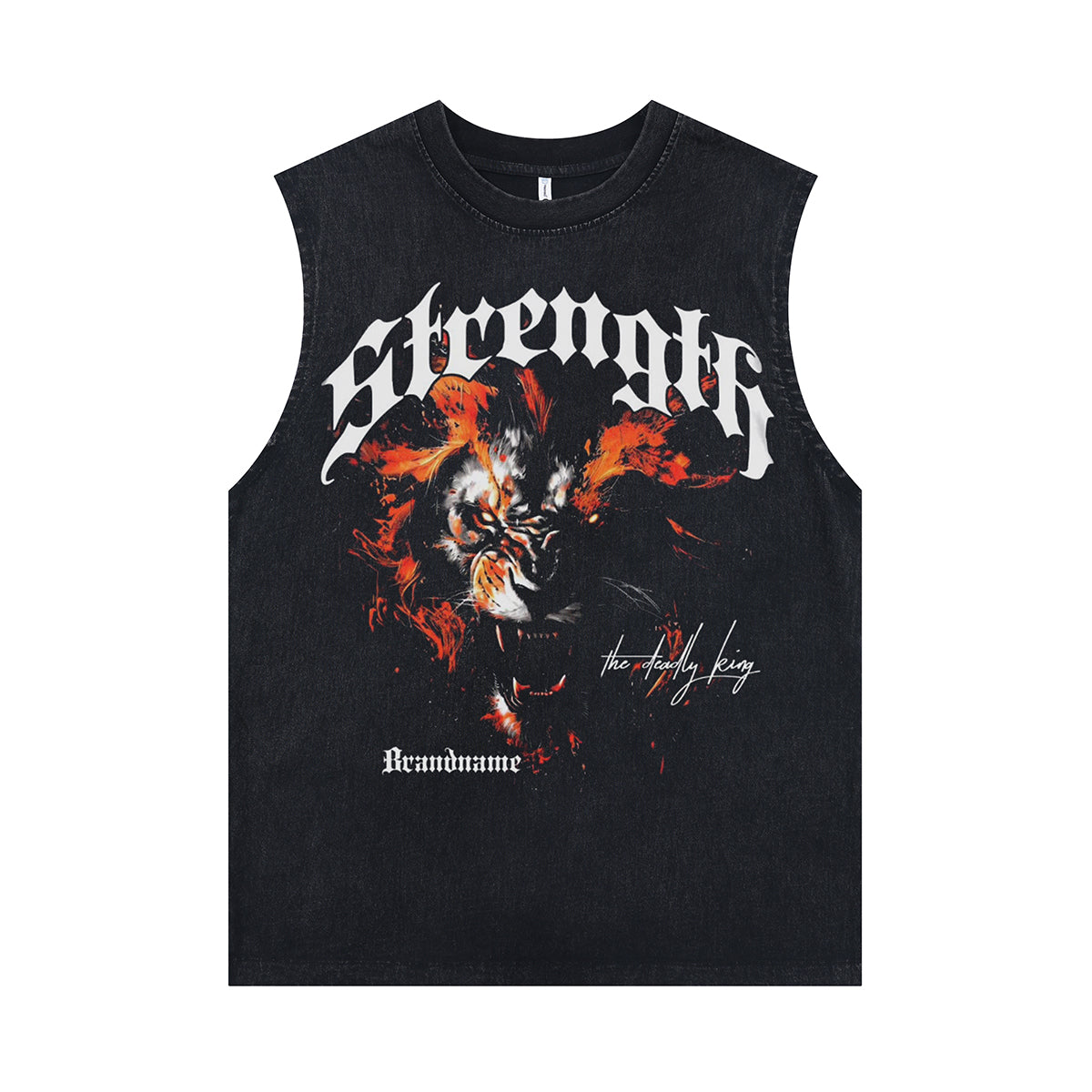 Lion print sleeveless t-shirt animal cartoon surfer vest 90s strenght slogan tank top in acid wash black