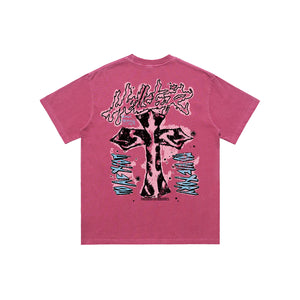 Hell slogan t-shirt grunge graffiti tee cross print top in Pink