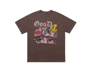 Anime t-shirt retro cartoon top 90s tee good life slogan jumper in grey