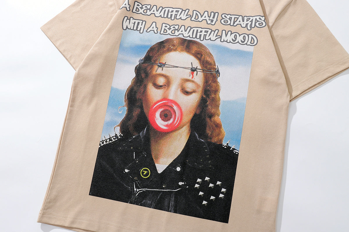 Y2K t-shirt grunge girl tee psychedelic poster top in vintage grey