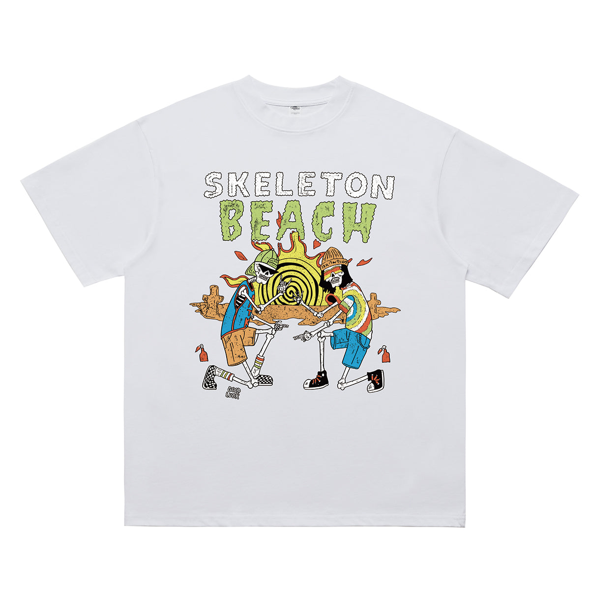 Skeleton t-shirt retro skater tee beach slogan top in white