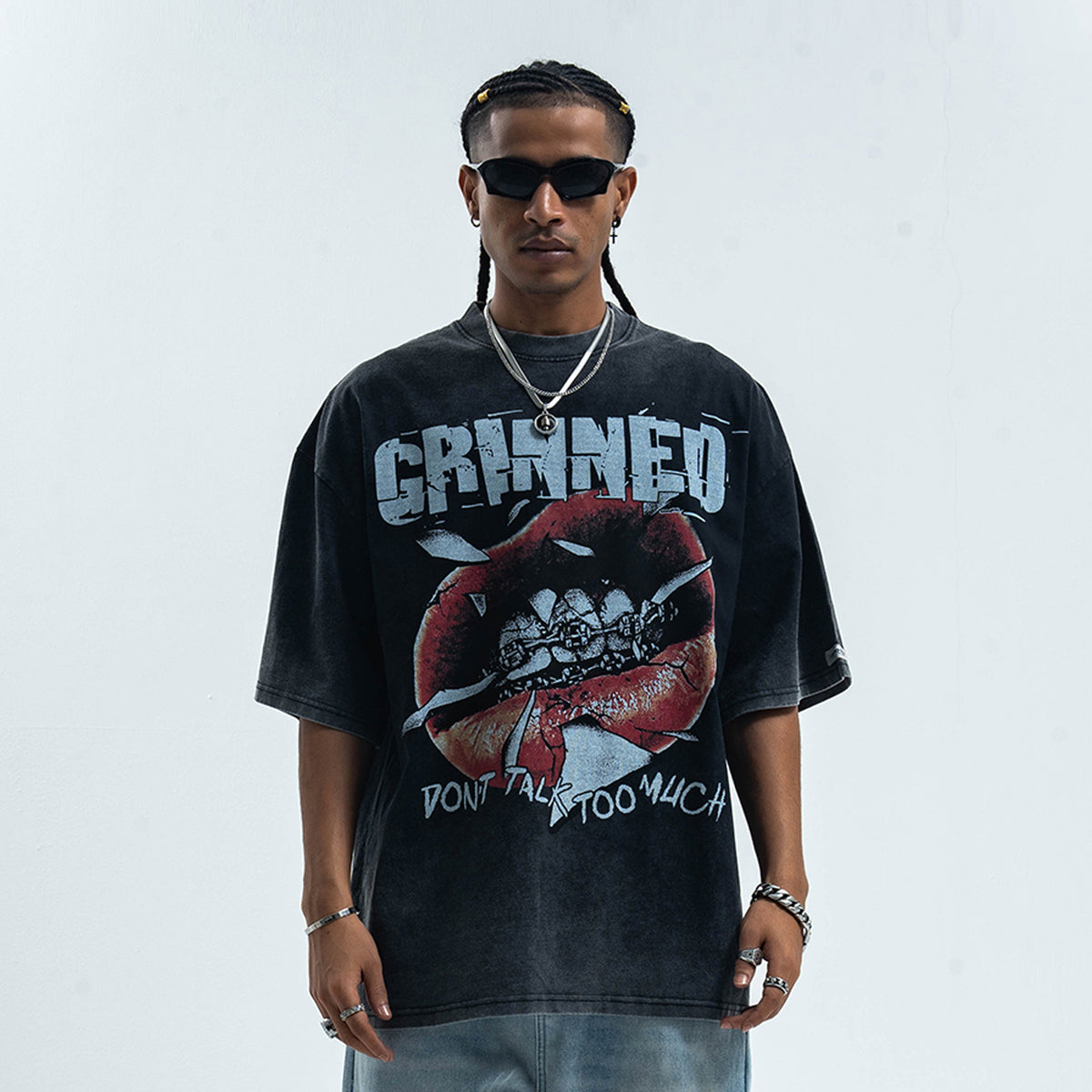 Grillz t-shirt mouth print top grunge hip-hop tee rapper jumper in grey