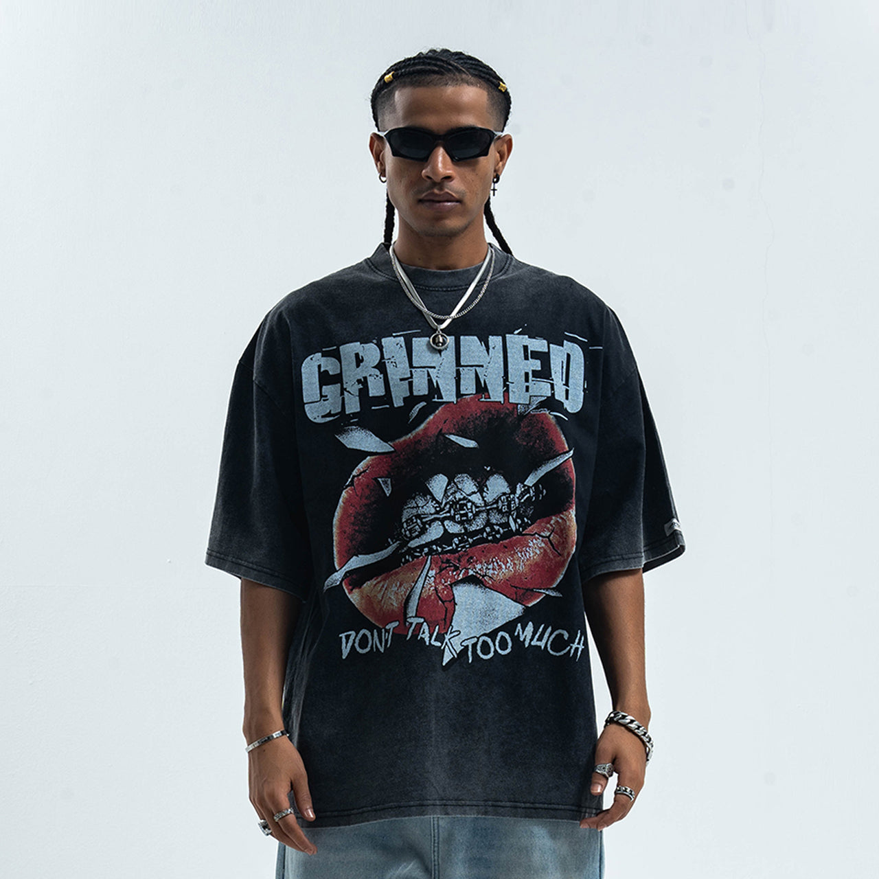 Grillz t-shirt mouth print top grunge hip-hop tee rapper jumper in black