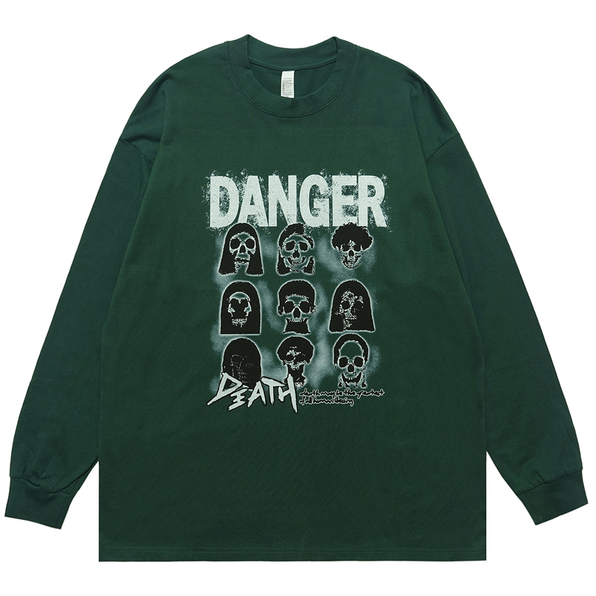 Danger slogan jumper skull print top 90s gothic poster long sleeve t-shirt in green