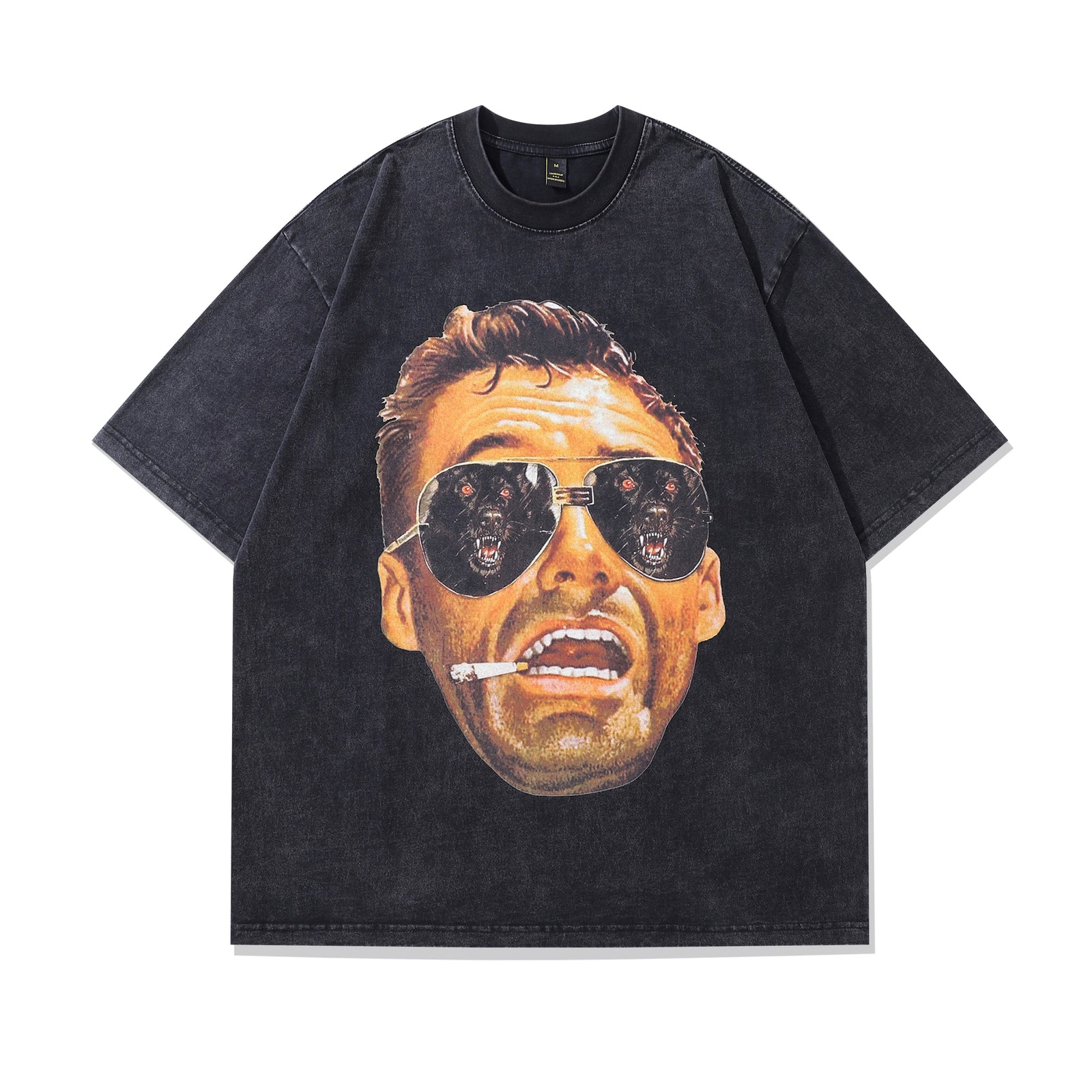 Scared face t-shirt wolf print tee retro poster top in vintage grey