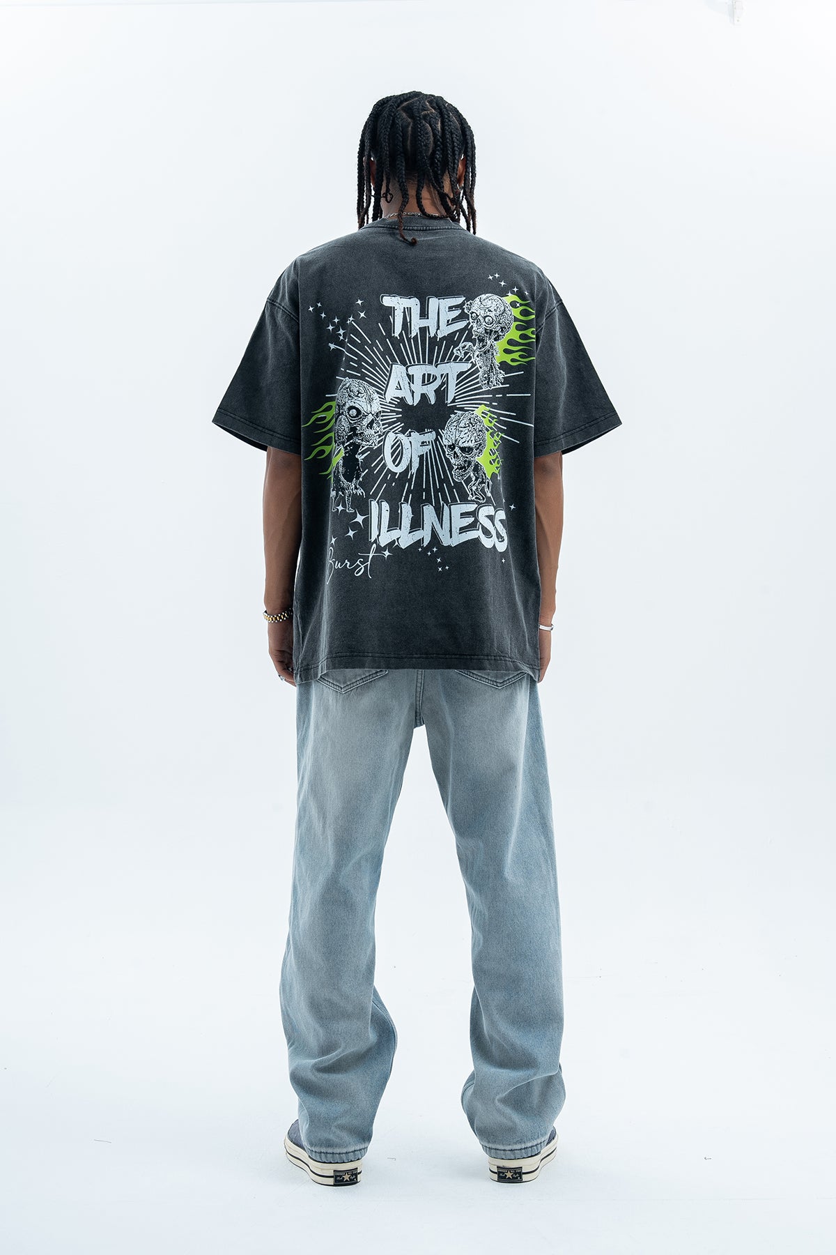 Flame t-shirt skeleton print tee grunge monster top skull jumper in Black