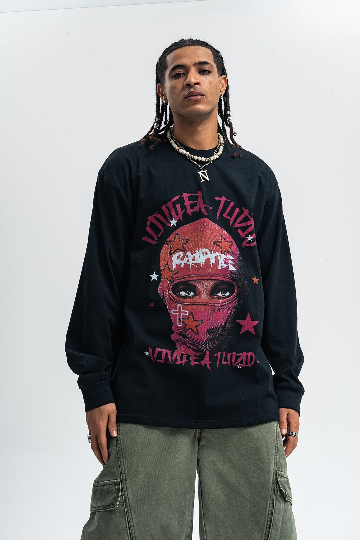 Balaclava print long sleeve top ganster t-shirt hip-hop jumper in white