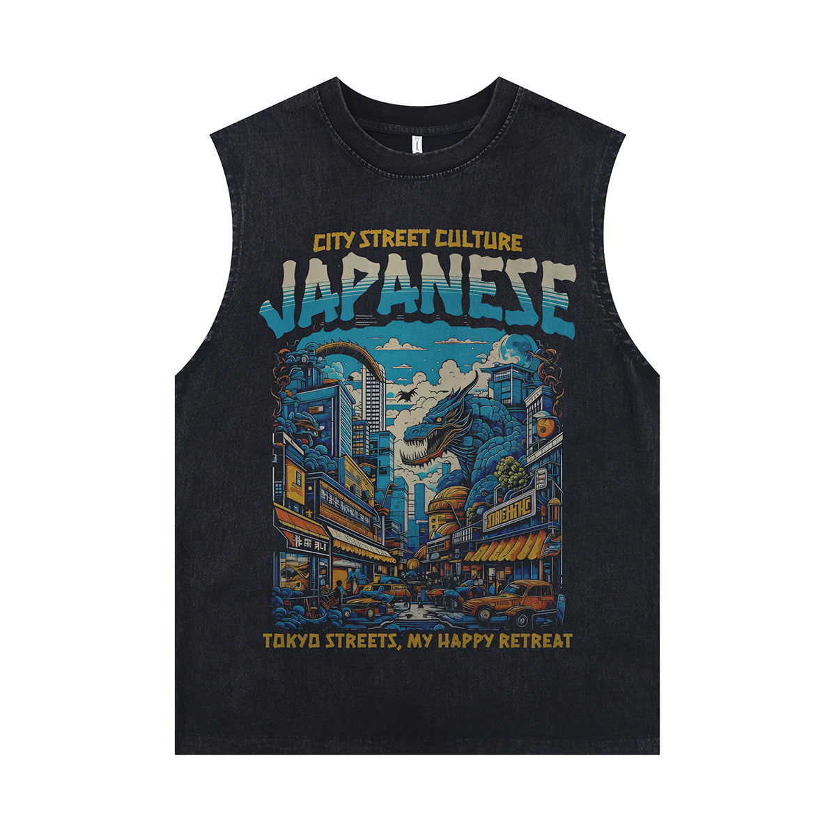 Japanese monster sleeveless t-shirt Tokyo surfer vest 80s Godzilla tank top in acid wash black