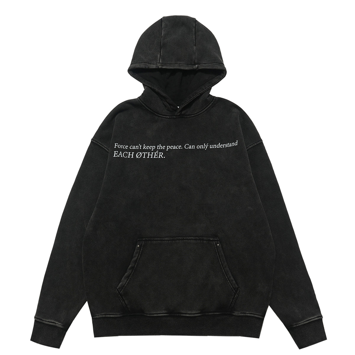 Peace slogan hoodie vintage wash anti war pullover retro jumper in acid grey