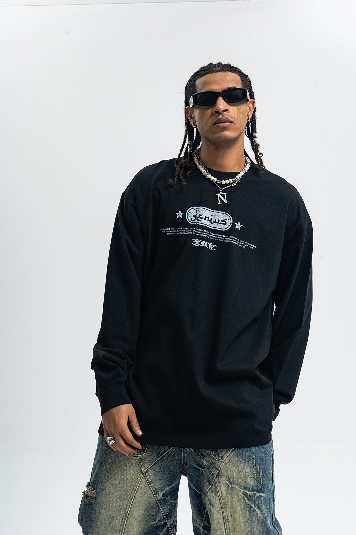 Genius slogan jumper 00s grunge long sleeve top skater t-shirt in black