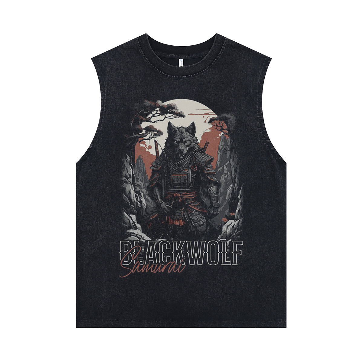 Samurai print sleeveless t-shirt wolf cartoon surfer vest retro cartoon slogan tank top in acid wash black