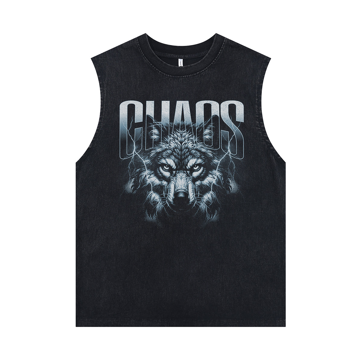 Wolf print sleeveless t-shirt animal cartoon surfer vest chaos slogan tank top in acid wash black