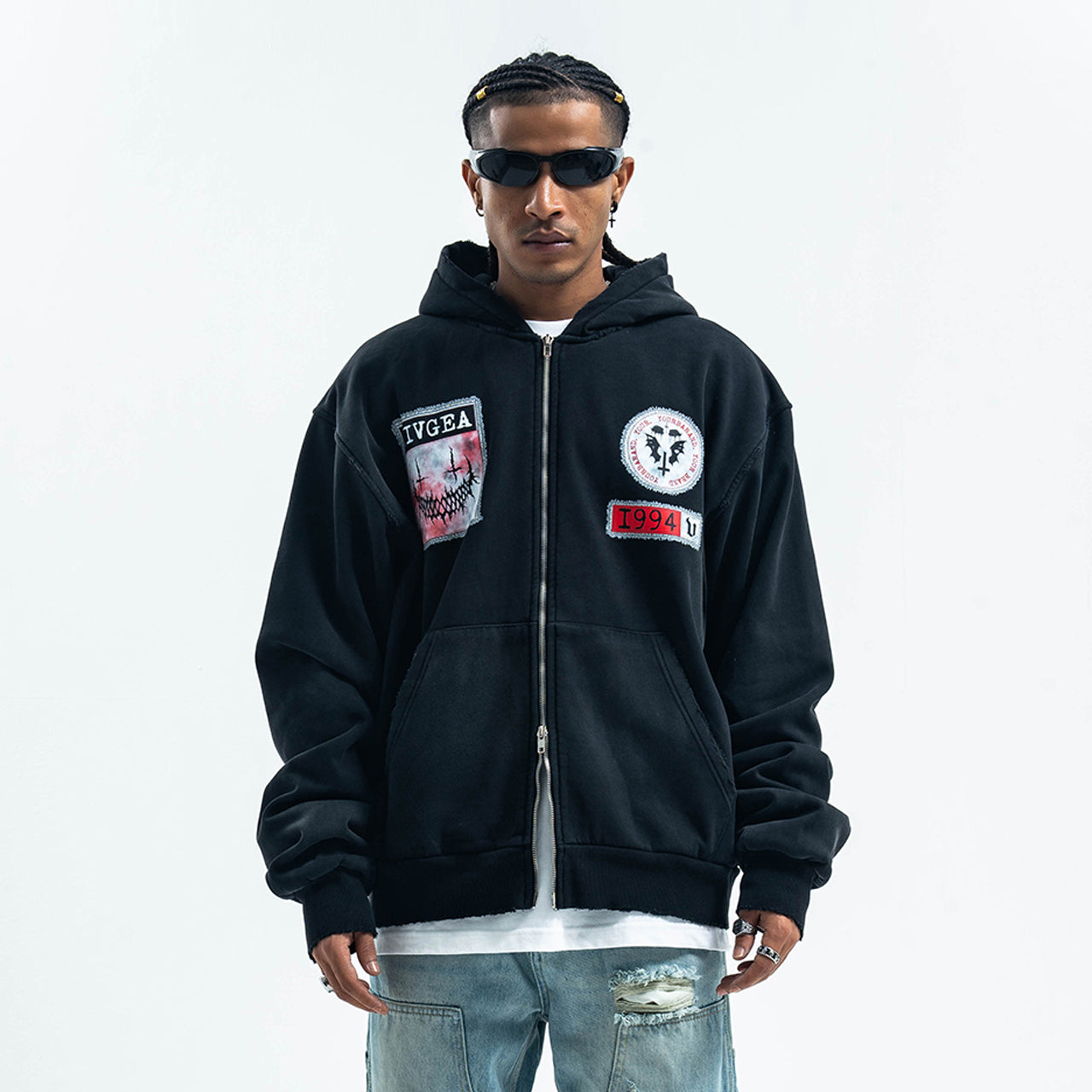 Gorpcore hoodie grunge patchwork jumper vintage wash raver pullover in black