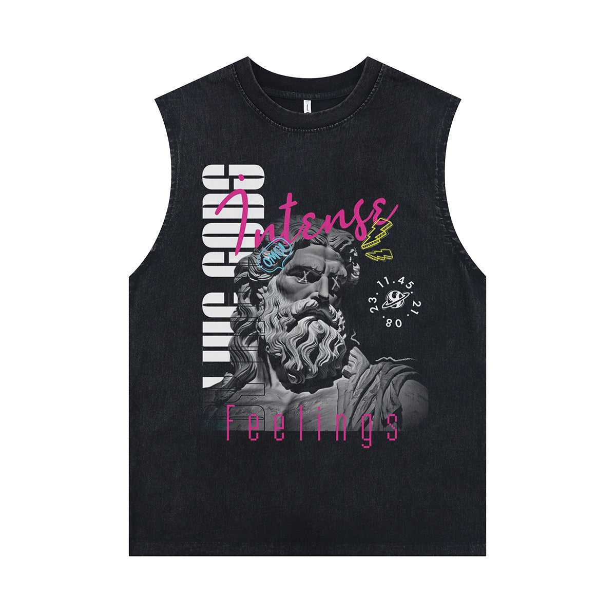 Greek god print sleeveless t-shirt retro poster surfer vest pop art tank top in acid wash black
