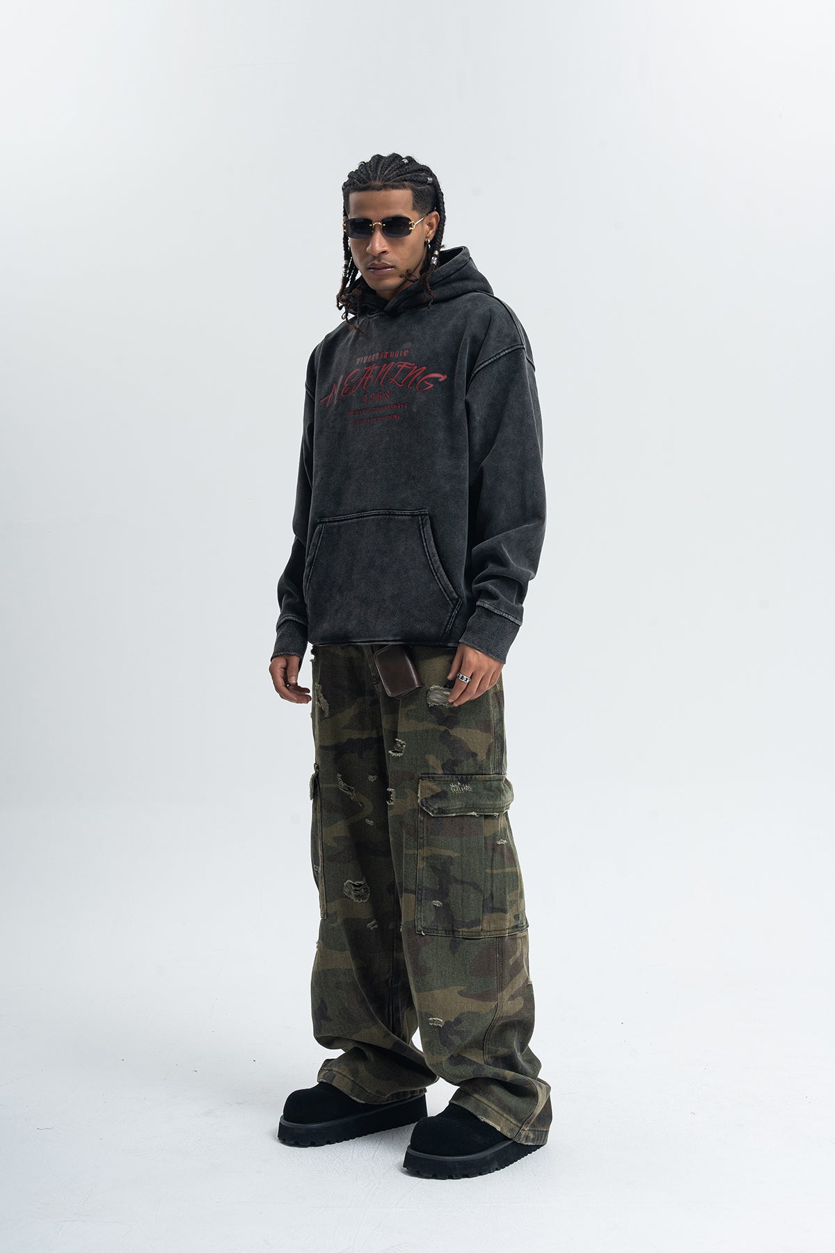 Palm print hoodie vintage hip-hop pullover retro gangster top tattoo print jumper in acid grey