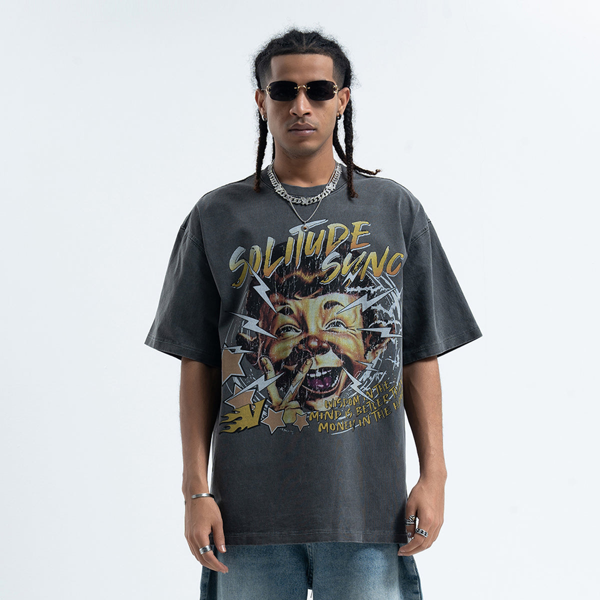 70s cartoon t-shirt retro print top old school tee in grey