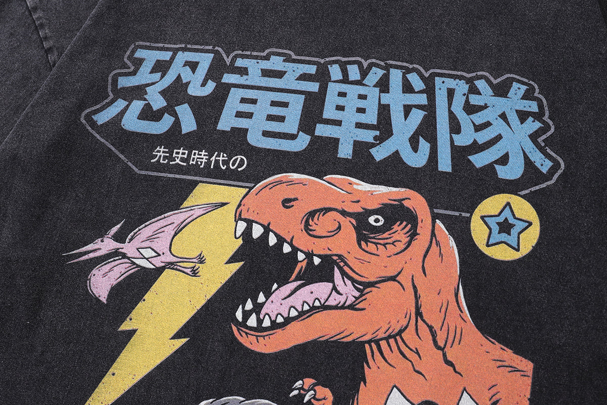 Dinosaur cartoon t-shirt Japanese cartoon tee retro anime top in vintage grey