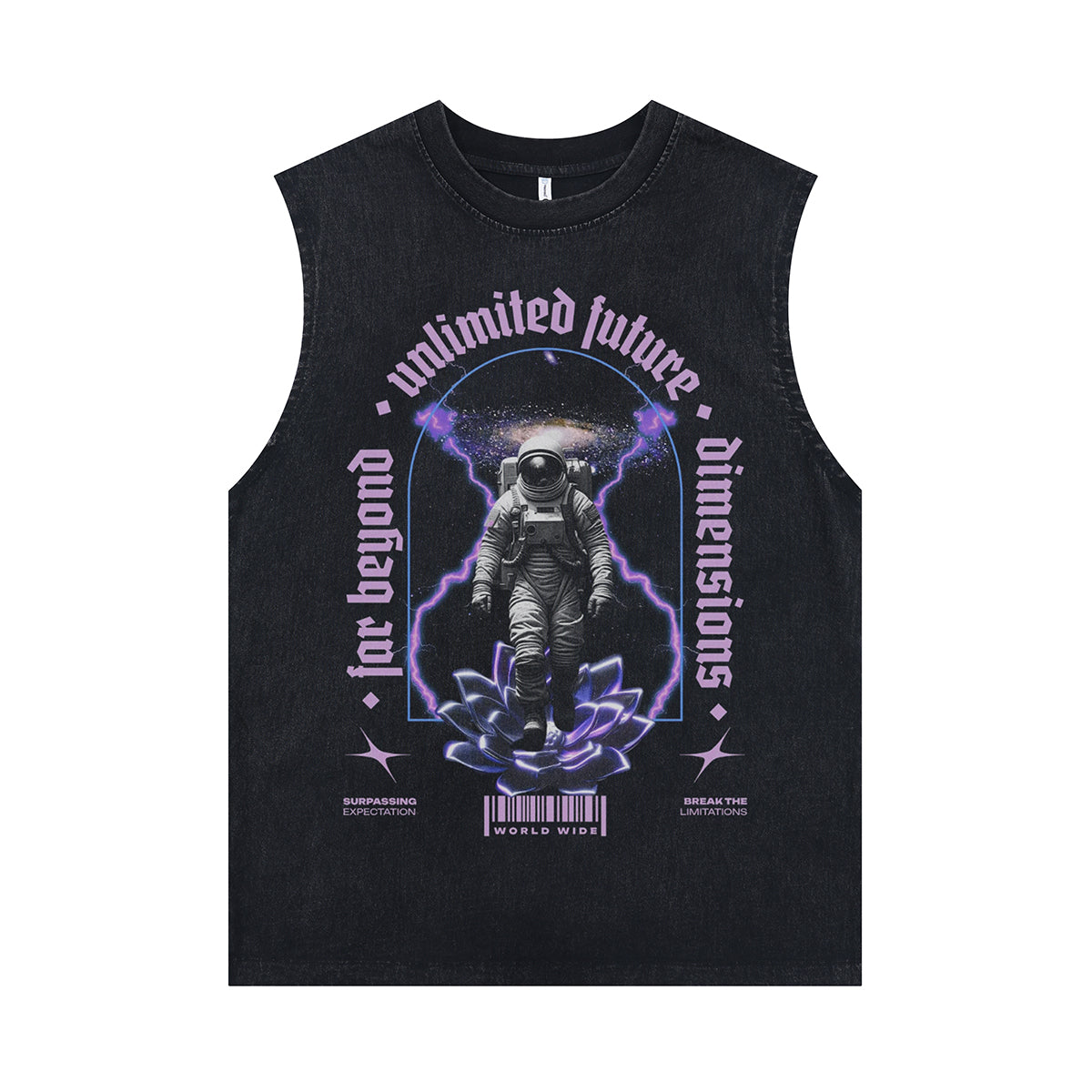 Thunder print sleeveless t-shirt psychedelic spaceman poster surfer vest astronaut tank top in acid wash black